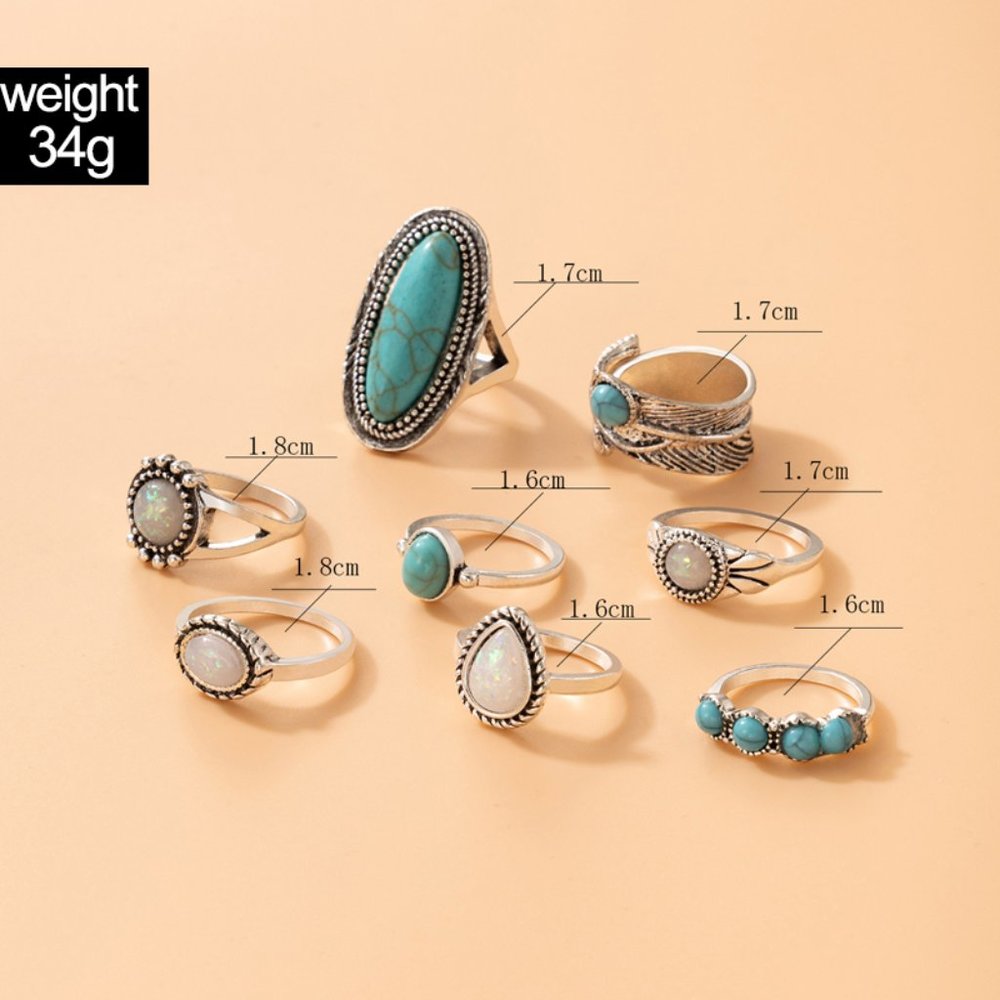 Geometric Ethnic Style Alloy Sausage Turquoise Women Rings 8 Pieces - Picture 6 of 8